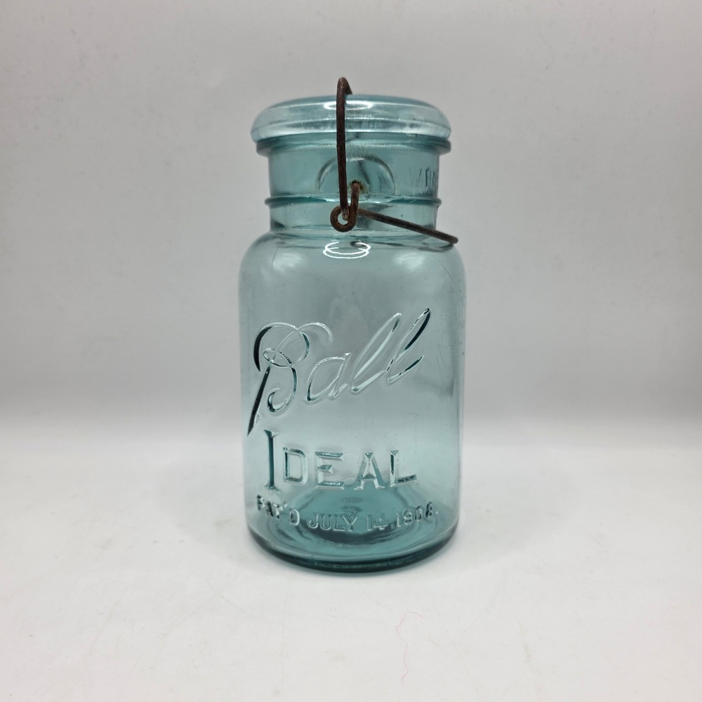 Ball Ideal Mason Jar Aqua Blue Glass Wire Bail Patent Antique Farmhouse Decor‎